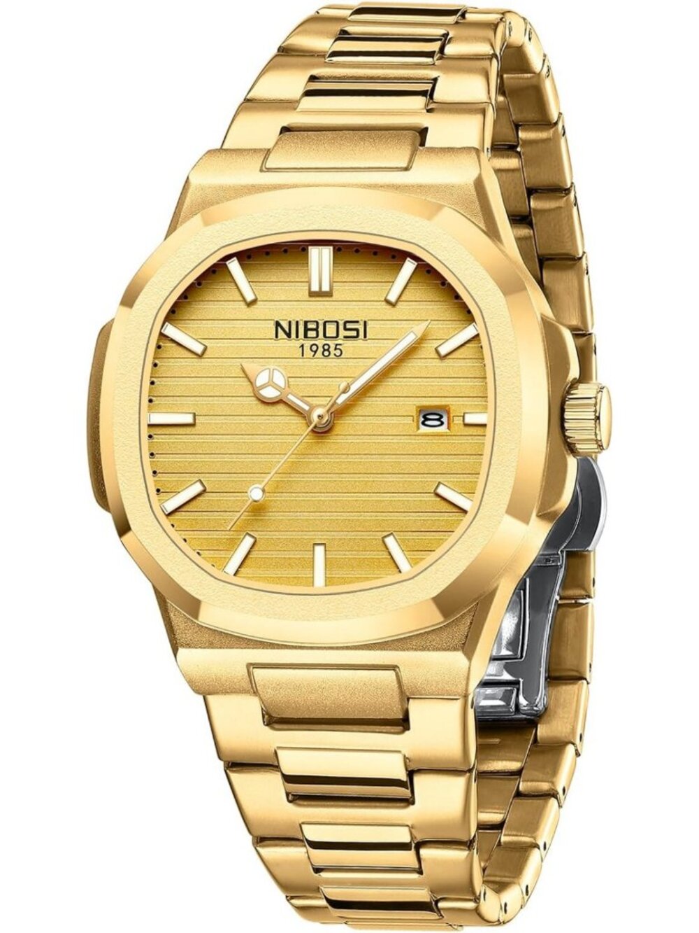 Stylish Men's Analog Watch, Gold & Silver Stainless Steel, Date Display, NIBOSI